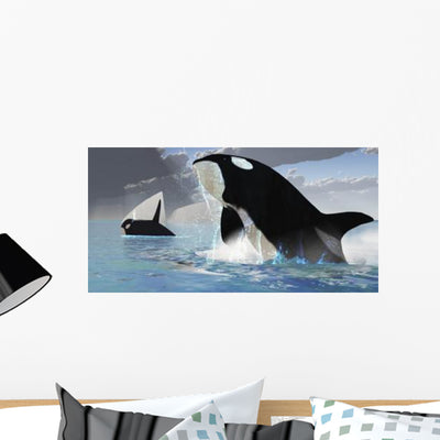Whales Burst from Ocean Wall Decal shown on a wall
