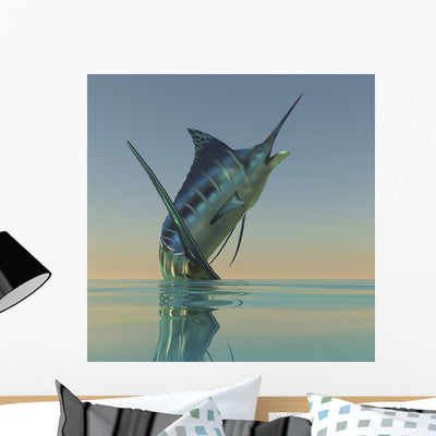 Blue Marlin Bursts from Wall Decal shown on a wall