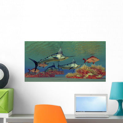 Blue Marlin and Humpback Wall Decal shown on a wall