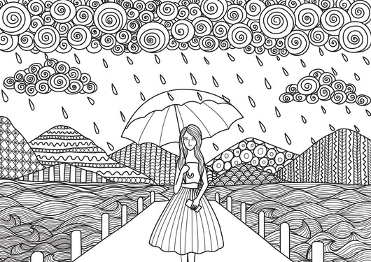 Girl Walking in the Rain Coloring Page Decal