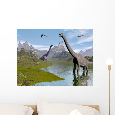 Brachiosaurus Dinosaurs Walking Stream Wall Decal shown on a wall