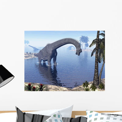 Brachiosaurus Dinosaur Walking Water Wall Decal shown on a wall