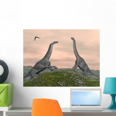 Two Brachiosaurus Dinosaurs Fighting Wall Decal shown on a wall