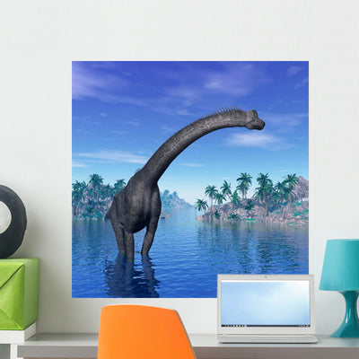 Brachiosaurus Dinosaur Tropical Climate Wall Decal shown on a wall