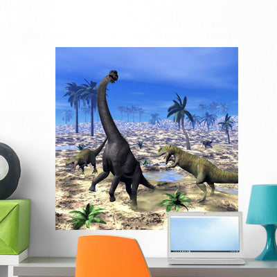 Allosaurus Dinosaurs Attacking Brachiosaurus Wall Decal shown on a wall