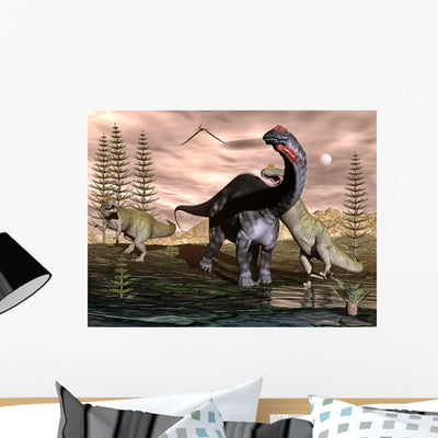 Allosaurus Dinosaurs Attacking Apatosaurus Wall Decal shown on a wall