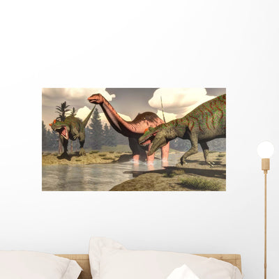 Two Allosaurus Dinosaurs Attacking Wall Decal shown on a wall