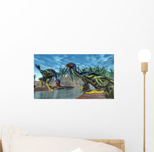 Two Caudipteryx Dinosaurs Drinking Wall Decal