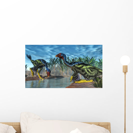 Two Caudipteryx Dinosaurs Drinking Wall Decal