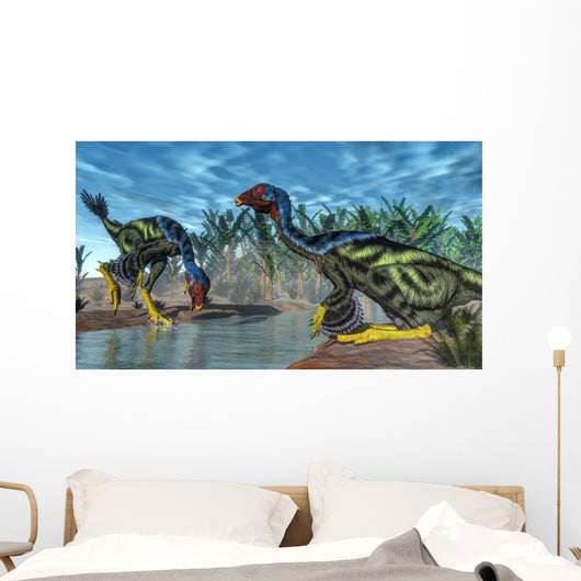 Two Caudipteryx Dinosaurs Drinking Wall Decal