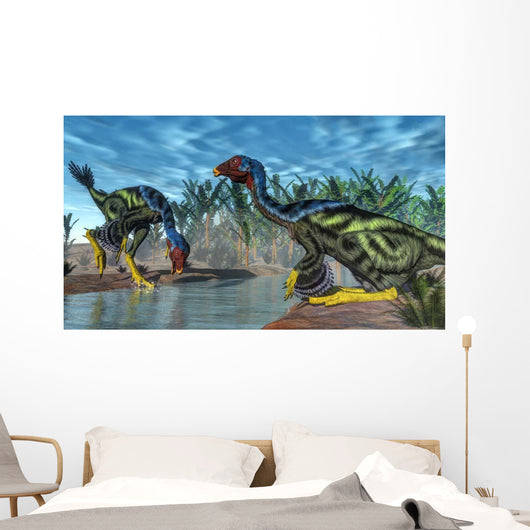 Two Caudipteryx Dinosaurs Drinking Wall Decal