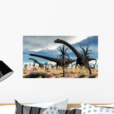 Herd Diplodocus Dinosaurs Walking Wall Decal shown on a wall