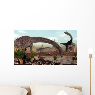 Diplodocus Dinosaurs Grazing near Wall Decal shown on a wall
