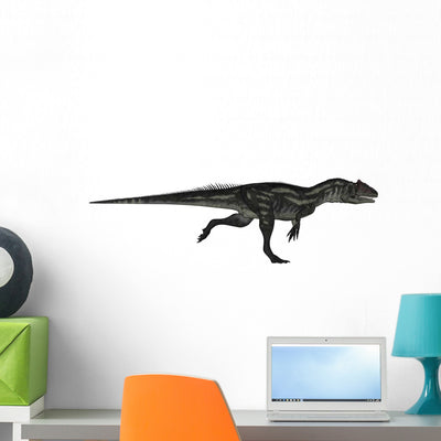 Allosaurus Dinosaur Running White Wall Decal shown on a wall