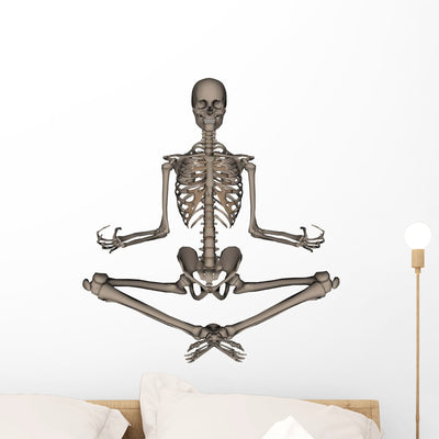 Front Human Skeleton Meditating Wall Decal shown on a wall