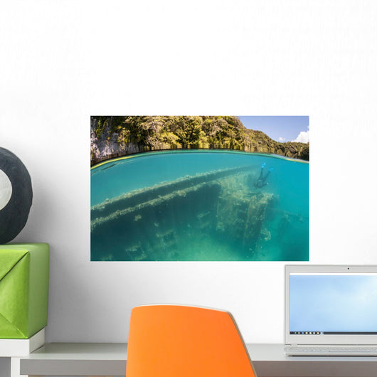 Snorkeler Swims above Shipwreck Wall Decal Design 2