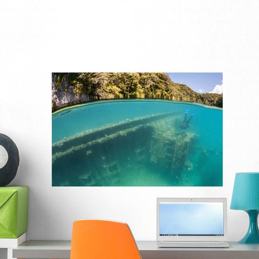 Snorkeler Swims above Shipwreck Wall Decal Design 2