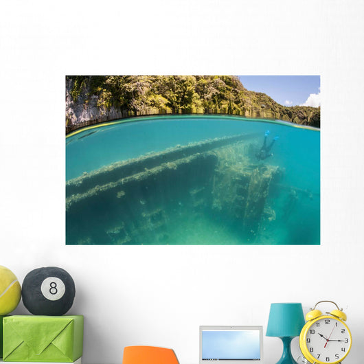 Snorkeler Swims above Shipwreck Wall Decal Design 2