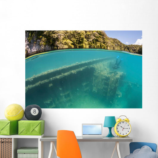 Snorkeler Swims above Shipwreck Wall Decal Design 2