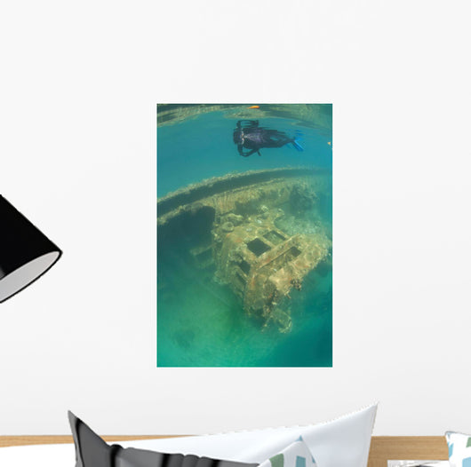 Snorkeler Swims above Shipwreck Wall Decal Design 1