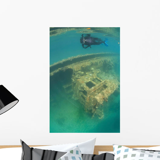 Snorkeler Swims above Shipwreck Wall Decal Design 1