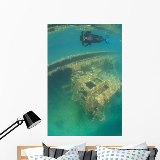 Snorkeler Swims above Shipwreck Wall Decal Design 1