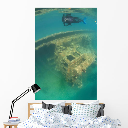 Snorkeler Swims above Shipwreck Wall Decal Design 1