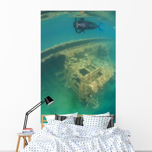Snorkeler Swims above Shipwreck Wall Decal Design 1