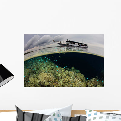 Boat Sits atop Shallow Wall Decal shown on a wall