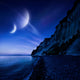 Two planets hover over a tranquil sea and Mons Klint cliffs, Denmark. Wall Mural