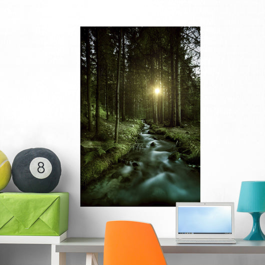 Small Stream Forest Sunset Wall Decal Design 2