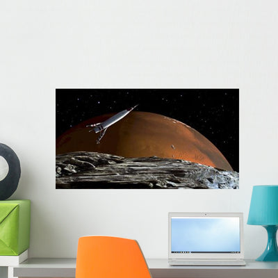 Spaceship Orbit over Mars Wall Decal shown on a wall
