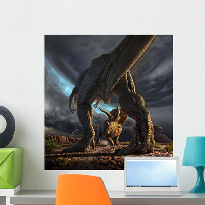 Tyrannosaurus Rex and Triceratops Wall Decal shown on a wall