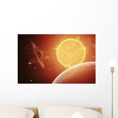 Planet and Its Moon Wall Decal shown on a wall
