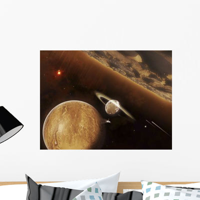 Spacecraft Beams through Small Wall Decal shown on a wall