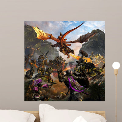Red Dragon and Orcs Wall Decal shown on a wall