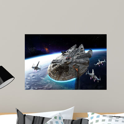 Millennium Falcon Being Escorted Wall Decal shown on a wall
