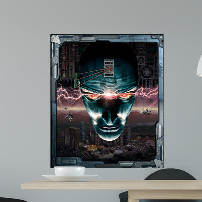 Robotic Sci-fi Face Wall Decal shown on a wall