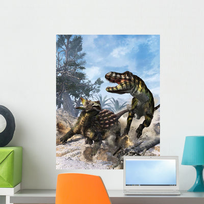 Ankylosaurus Hits Tyrannosaurus Rex Wall Decal shown on a wall