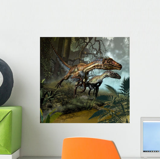 Pair Utahraptors Crossing Stream Wall Decal