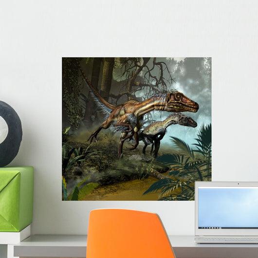 Pair Utahraptors Crossing Stream Wall Decal