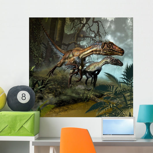 Pair Utahraptors Crossing Stream Wall Decal