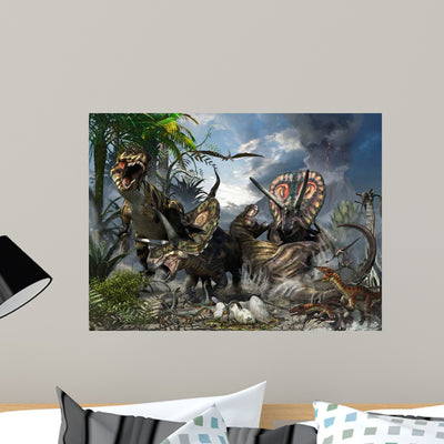 Family Torosaurus Protecting Their Wall Decal shown on a wall