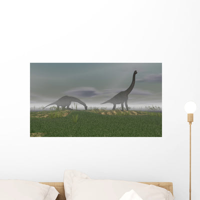Two Brachiosaurus Dinosaurs Grazing Wall Decal Design 2 shown on a wall