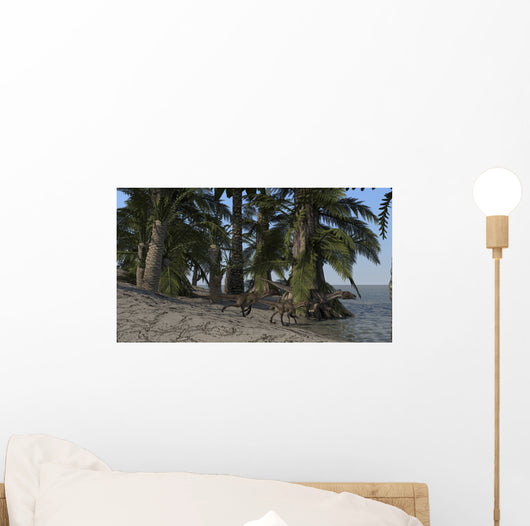 Family Utahraptors along Shoreline Wall Decal Design 1