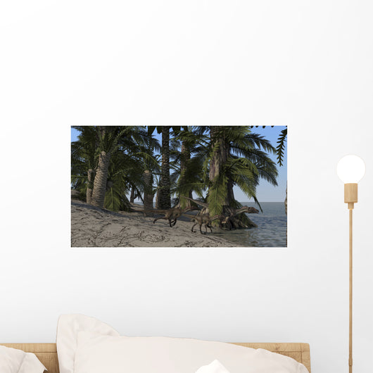 Family Utahraptors along Shoreline Wall Decal Design 1