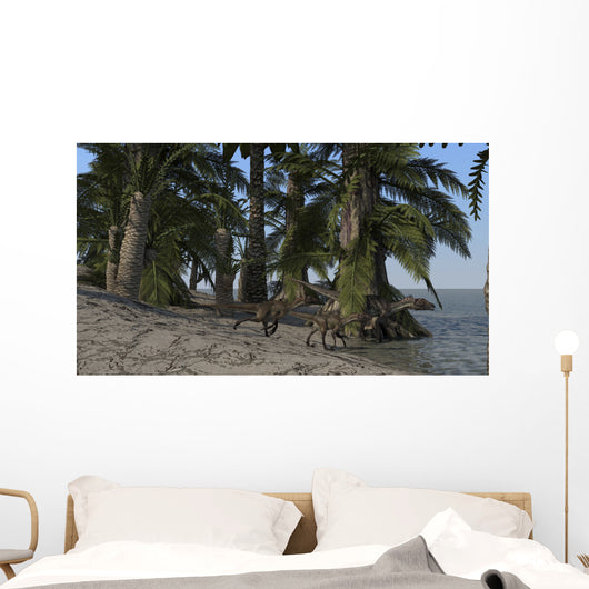 Family Utahraptors along Shoreline Wall Decal Design 1