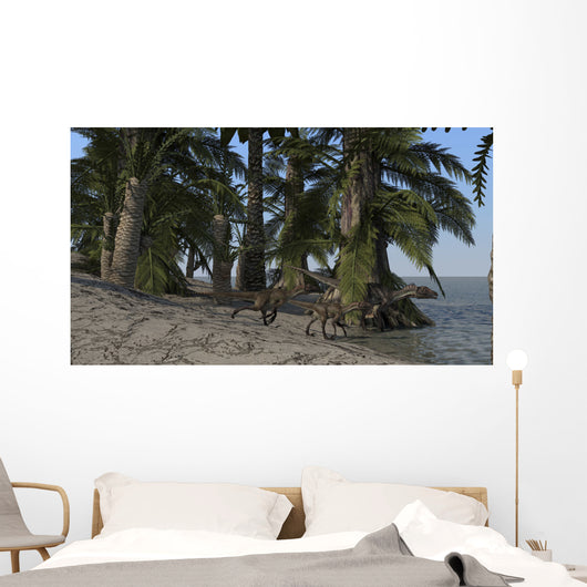 Family Utahraptors along Shoreline Wall Decal Design 1