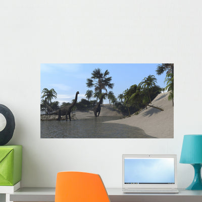 Three Brachiosaurus Dinosaurs Grazing Wall Decal Design 2 shown on a wall