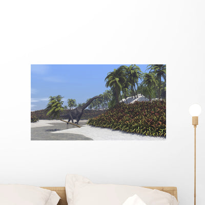 Large Brachiosaurus Grazing Tropical Wall Decal Design 2 shown on a wall